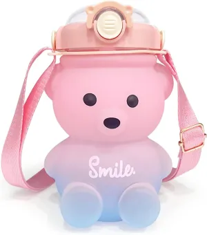 Cute Bear Water Bottle: 32oz Kawaii Kids Water Bottles with Strap and Straw - Leak-proof Plastic Drinking Cups for Girls Women School Sports Camping Picnic Hiking Travel (Pink-blue)