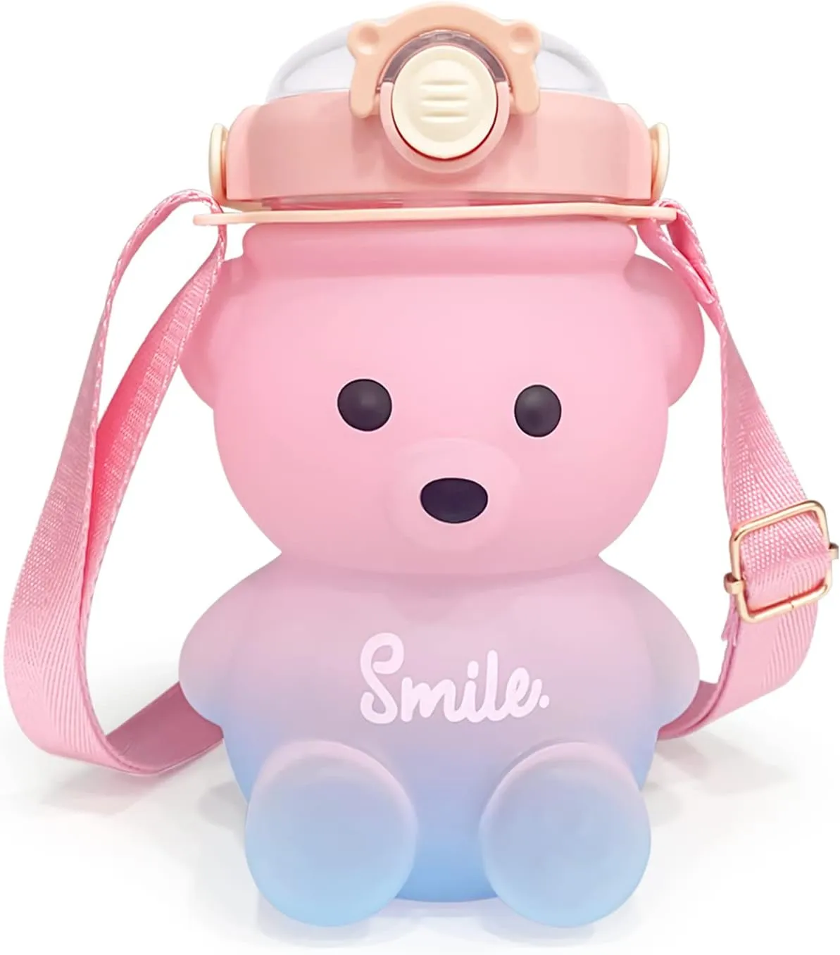 Cute Bear Water Bottle: 32oz Kawaii Kids Water Bottles with Strap and Straw - Leak-proof Plastic Drinking Cups for Girls Women School Sports Camping Picnic Hiking Travel (Pink-blue)