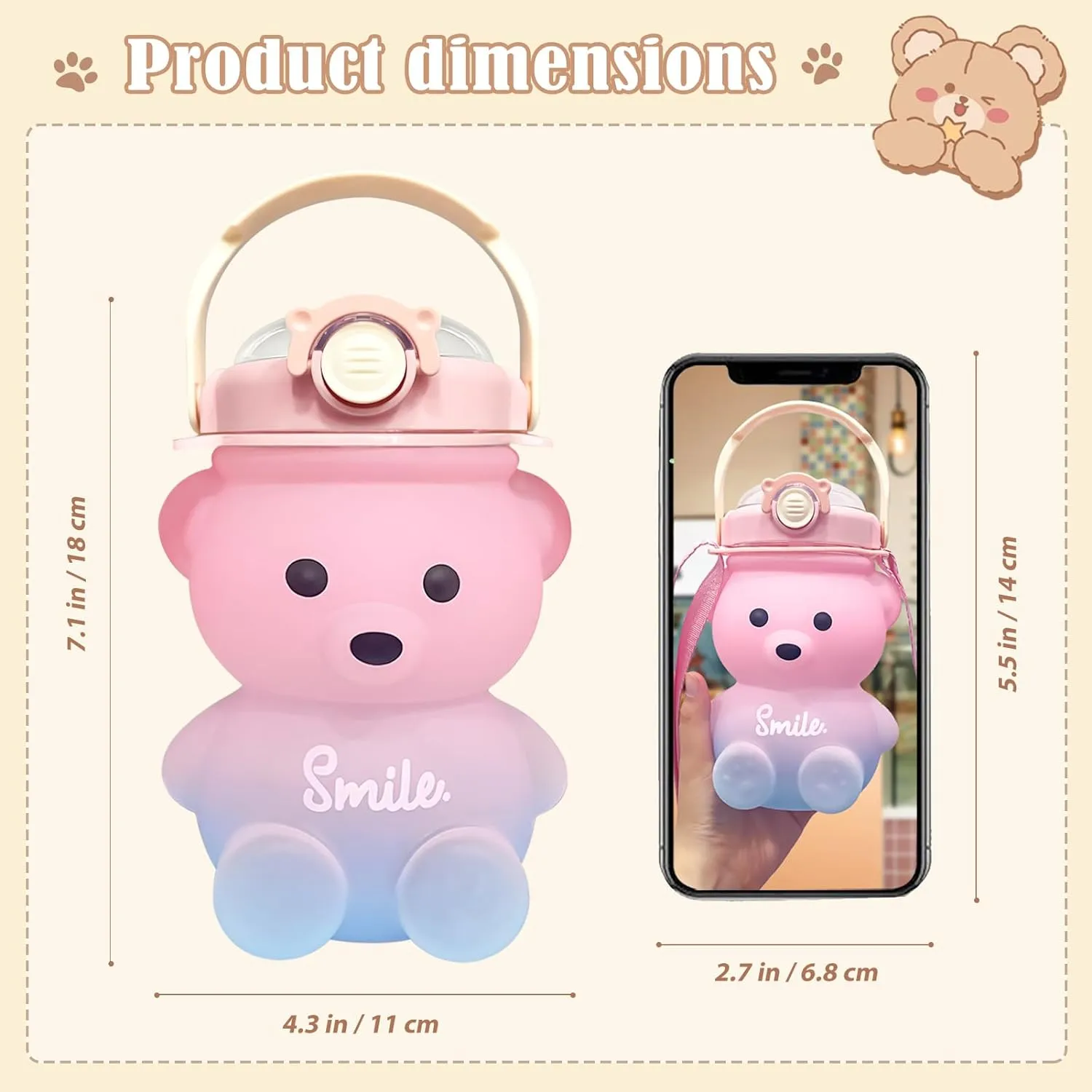 Cute Bear Water Bottle: 32oz Kawaii Kids Water Bottles with Strap and Straw - Leak-proof Plastic Drinking Cups for Girls Women School Sports Camping Picnic Hiking Travel (Pink-blue)