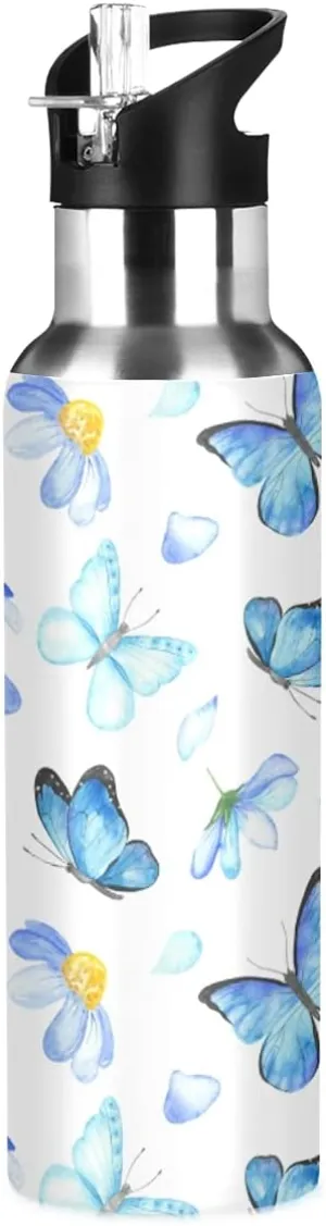 Cute Blue Butterfly Kids Insulated Stainless Steel Water Flask with Straw Lid - 20 oz Leakproof Bottle for Gym & Outdoor
