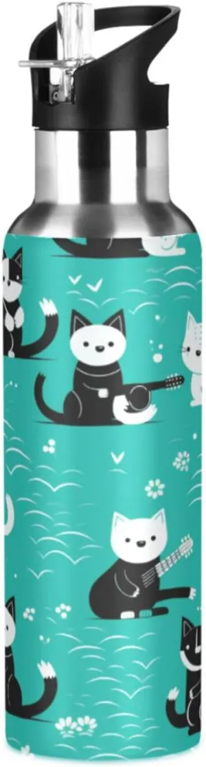 Cute Blue Cats Sport Water Bottle Insulated Stainless Steel Large Vacuum Flask Leak Proof Thermos with Straw for Travel(600ml/1000ml)
