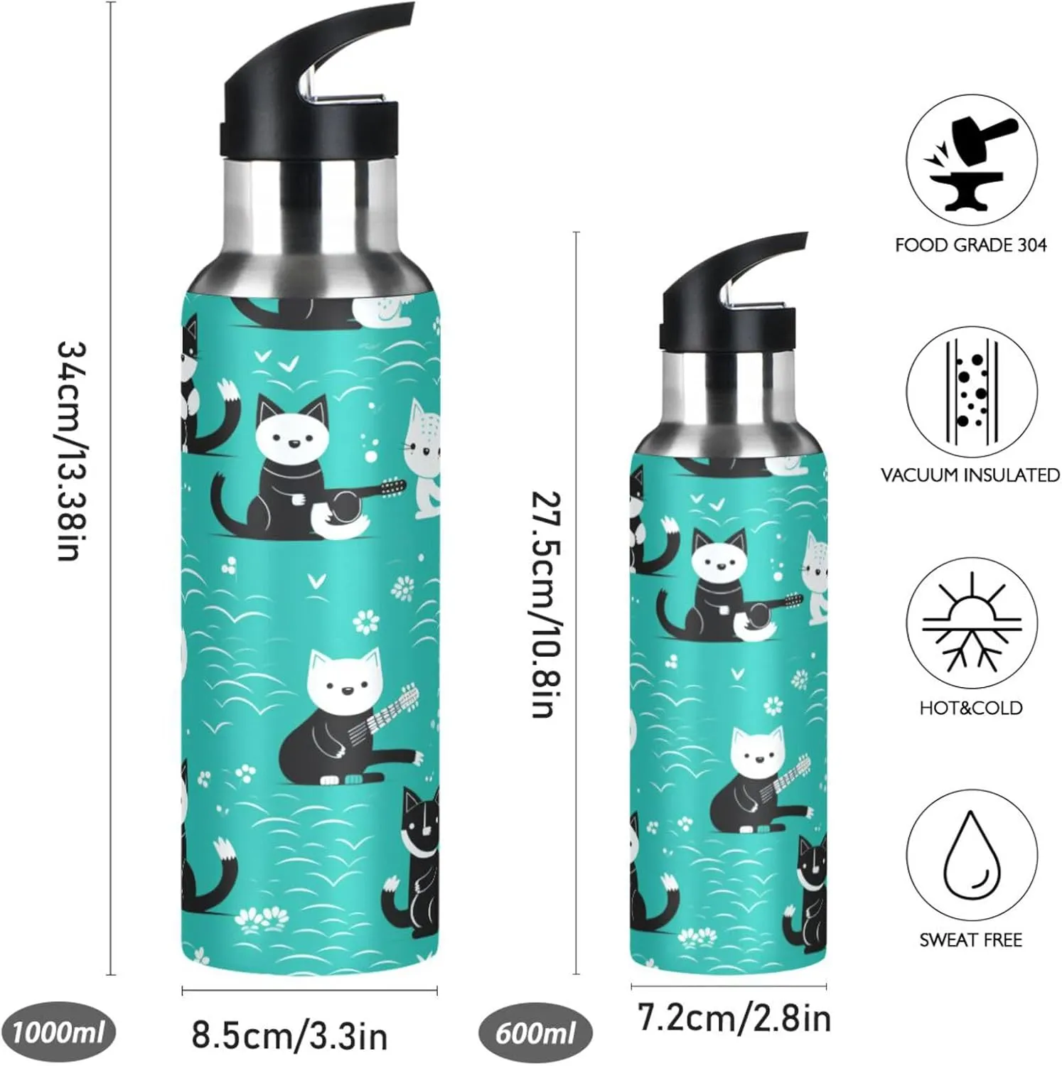 Cute Blue Cats Sport Water Bottle Insulated Stainless Steel Large Vacuum Flask Leak Proof Thermos with Straw for Travel(600ml/1000ml)