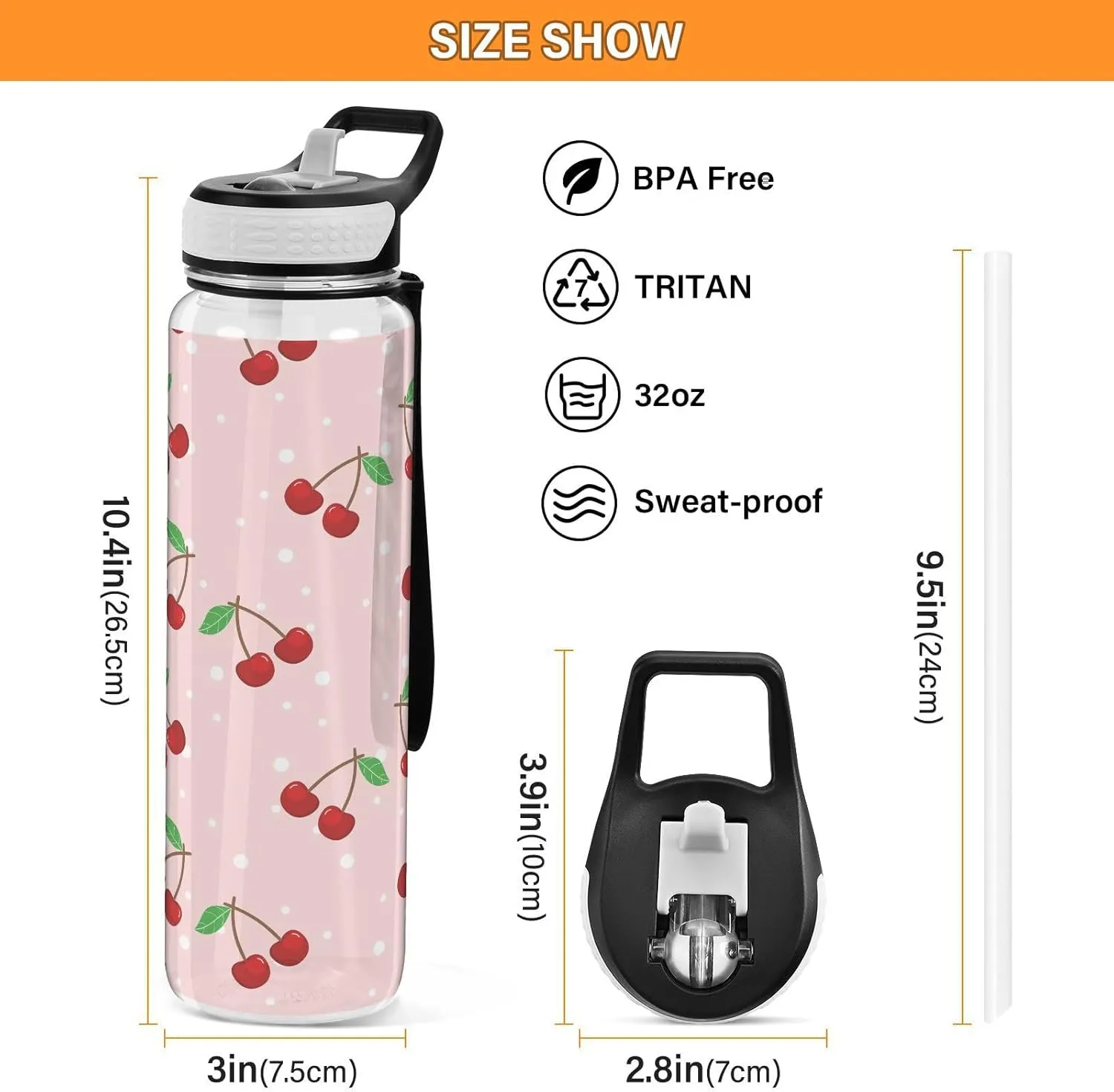 Cute Cherry Fruit Water Bottle with Straw Lid 32oz Leakproof Clear Gym Water Bottles for Women Men Outdoor Sport Drinking