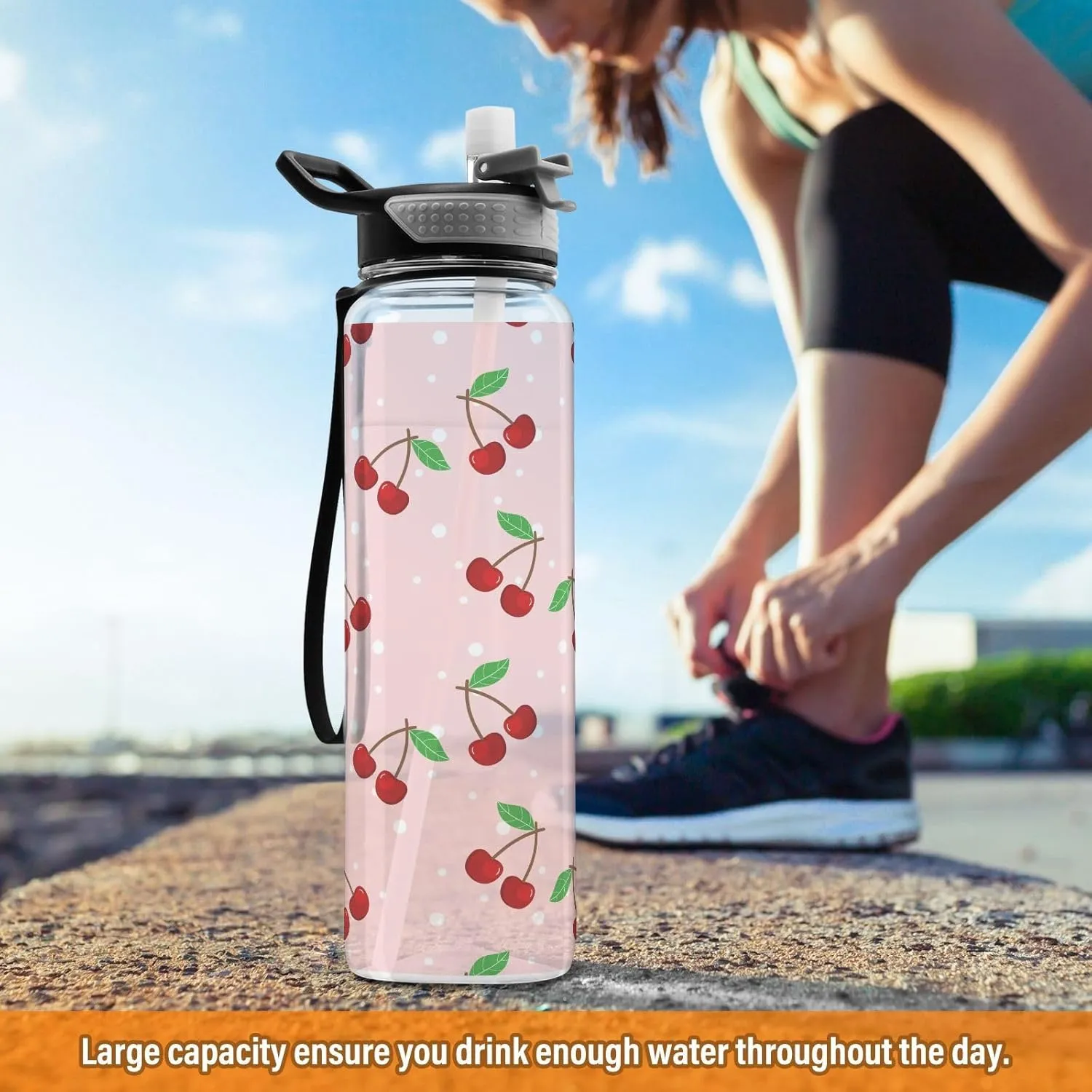 Cute Cherry Fruit Water Bottle with Straw Lid 32oz Leakproof Clear Gym Water Bottles for Women Men Outdoor Sport Drinking