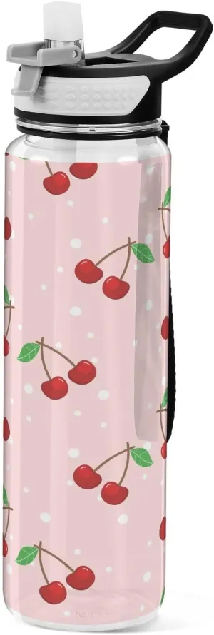 Cute Cherry Fruit Water Bottle with Straw Lid 32oz Leakproof Clear Gym Water Bottles for Women Men Outdoor Sport Drinking