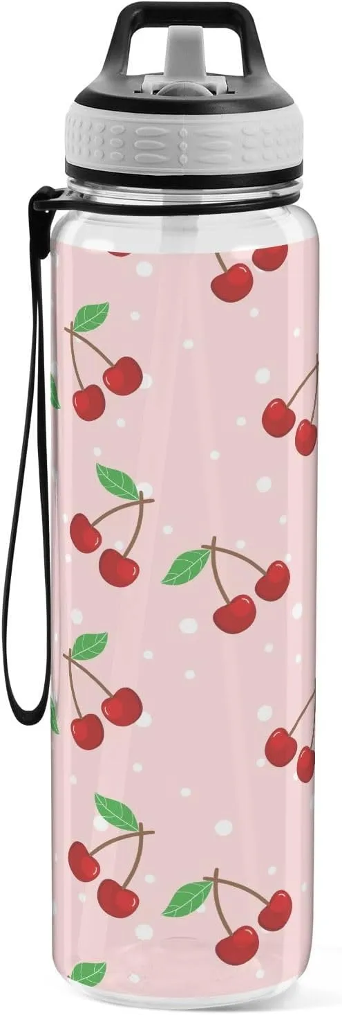 Cute Cherry Fruit Water Bottle with Straw Lid 32oz Leakproof Clear Gym Water Bottles for Women Men Outdoor Sport Drinking