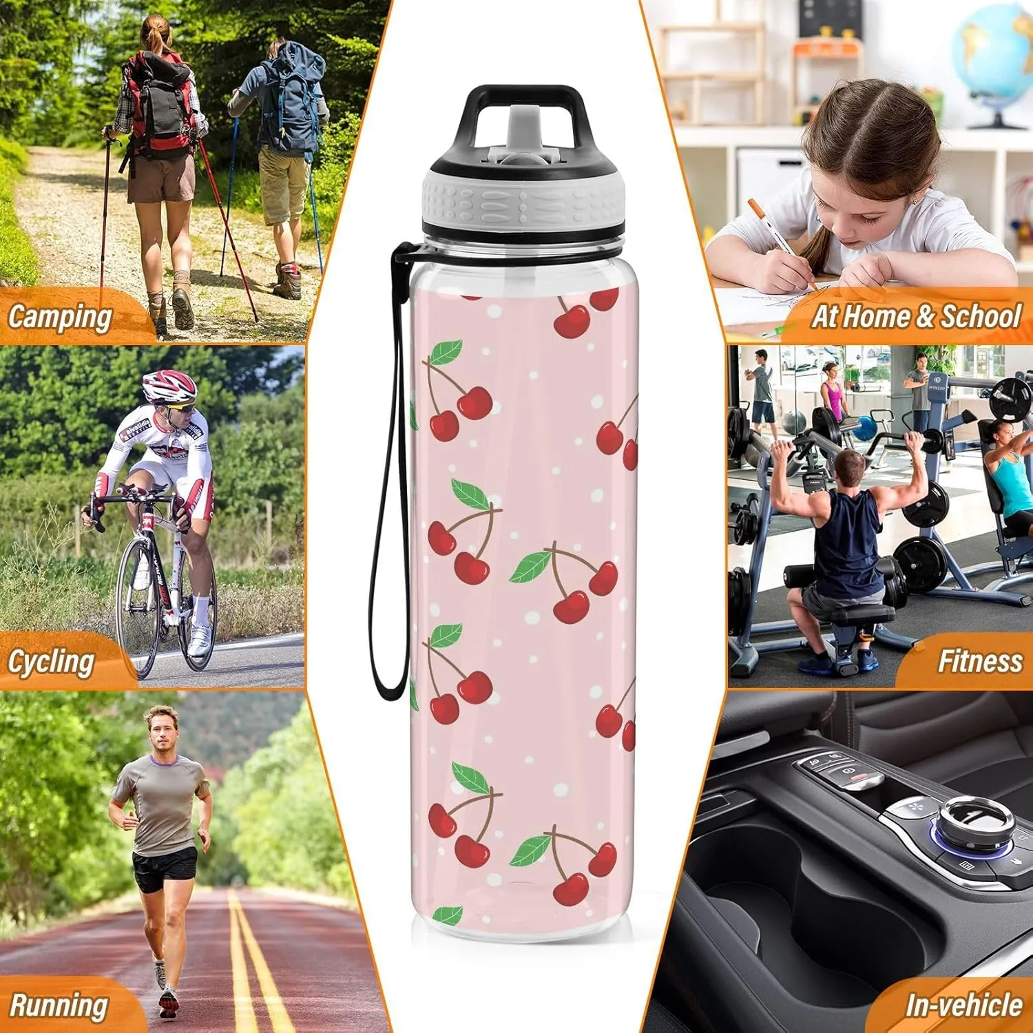 Cute Cherry Fruit Water Bottle with Straw Lid 32oz Leakproof Clear Gym Water Bottles for Women Men Outdoor Sport Drinking