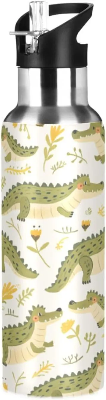 Cute Crocodiles Insulated Water Bottle with Straw & Lid 22oz BPA Free Leakproof Stainless Steel Water Bottle Vacuum Double Wall Wide Mouth Sports Cup