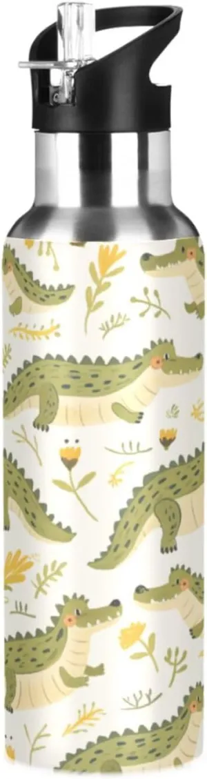 Cute Crocodiles Insulated Water Bottle with Straw & Lid 22oz BPA Free Leakproof Stainless Steel Water Bottle Vacuum Double Wall Wide Mouth Sports Cup