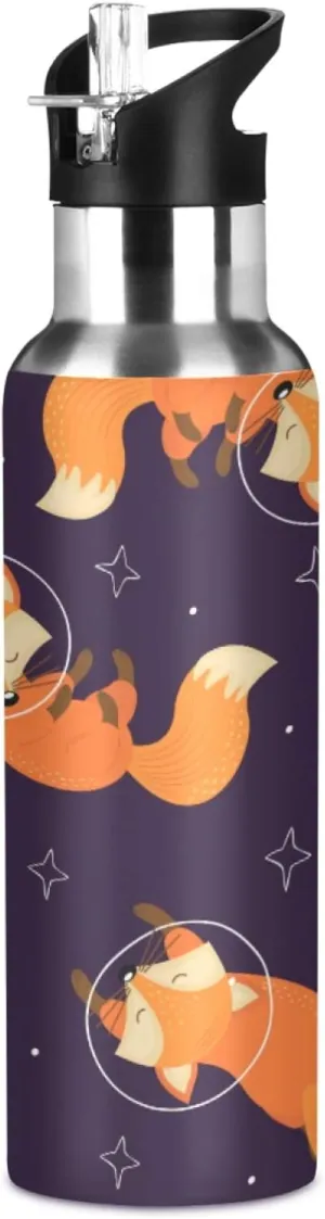 Cute Fox Animal Space Star Sport Water Bottle with Straw, Vacuum Insulated Stainless Steel Thermal Flask Leakproof BPA Free Drinking Bottle for Gym Fitness Camping-20oz/600ml