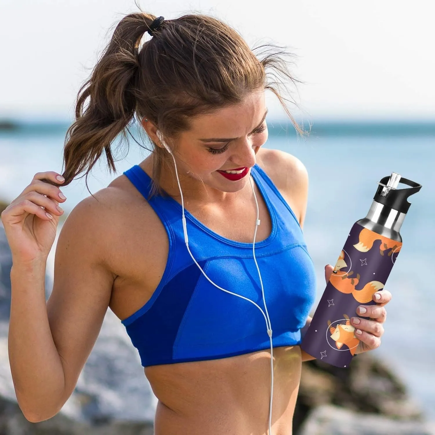Cute Fox Animal Space Star Sport Water Bottle with Straw, Vacuum Insulated Stainless Steel Thermal Flask Leakproof BPA Free Drinking Bottle for Gym Fitness Camping-20oz/600ml