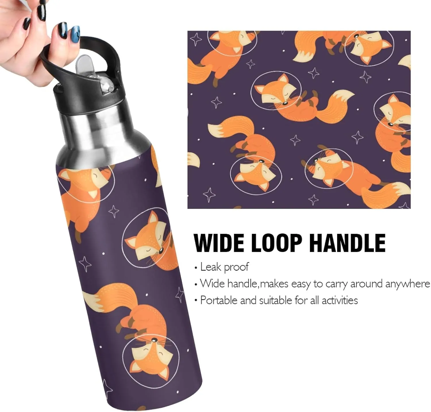 Cute Fox Animal Space Star Sport Water Bottle with Straw, Vacuum Insulated Stainless Steel Thermal Flask Leakproof BPA Free Drinking Bottle for Gym Fitness Camping-20oz/600ml