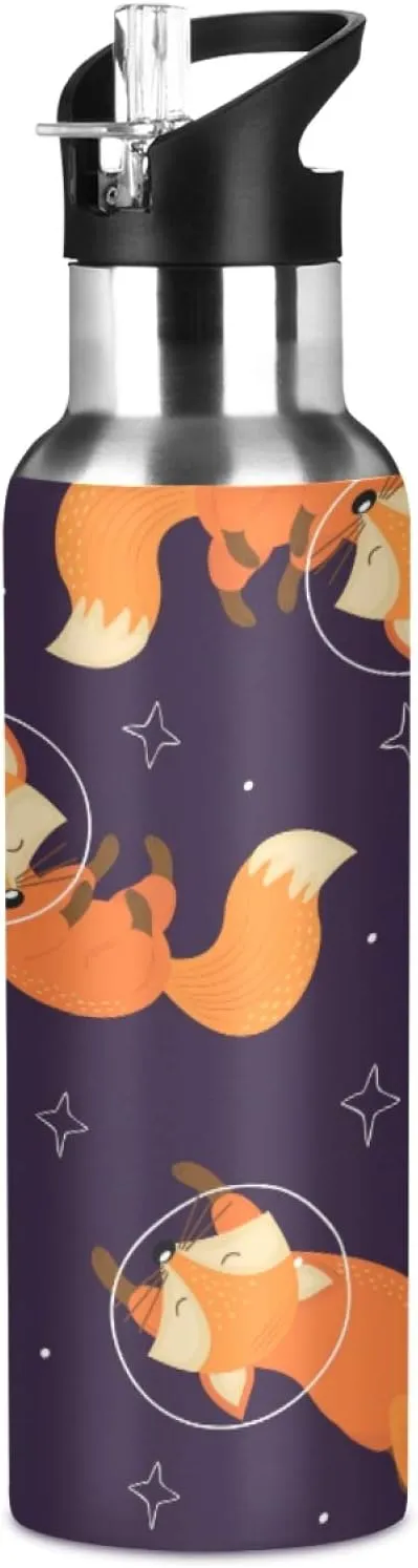 Cute Fox Animal Space Star Sport Water Bottle with Straw, Vacuum Insulated Stainless Steel Thermal Flask Leakproof BPA Free Drinking Bottle for Gym Fitness Camping-20oz/600ml
