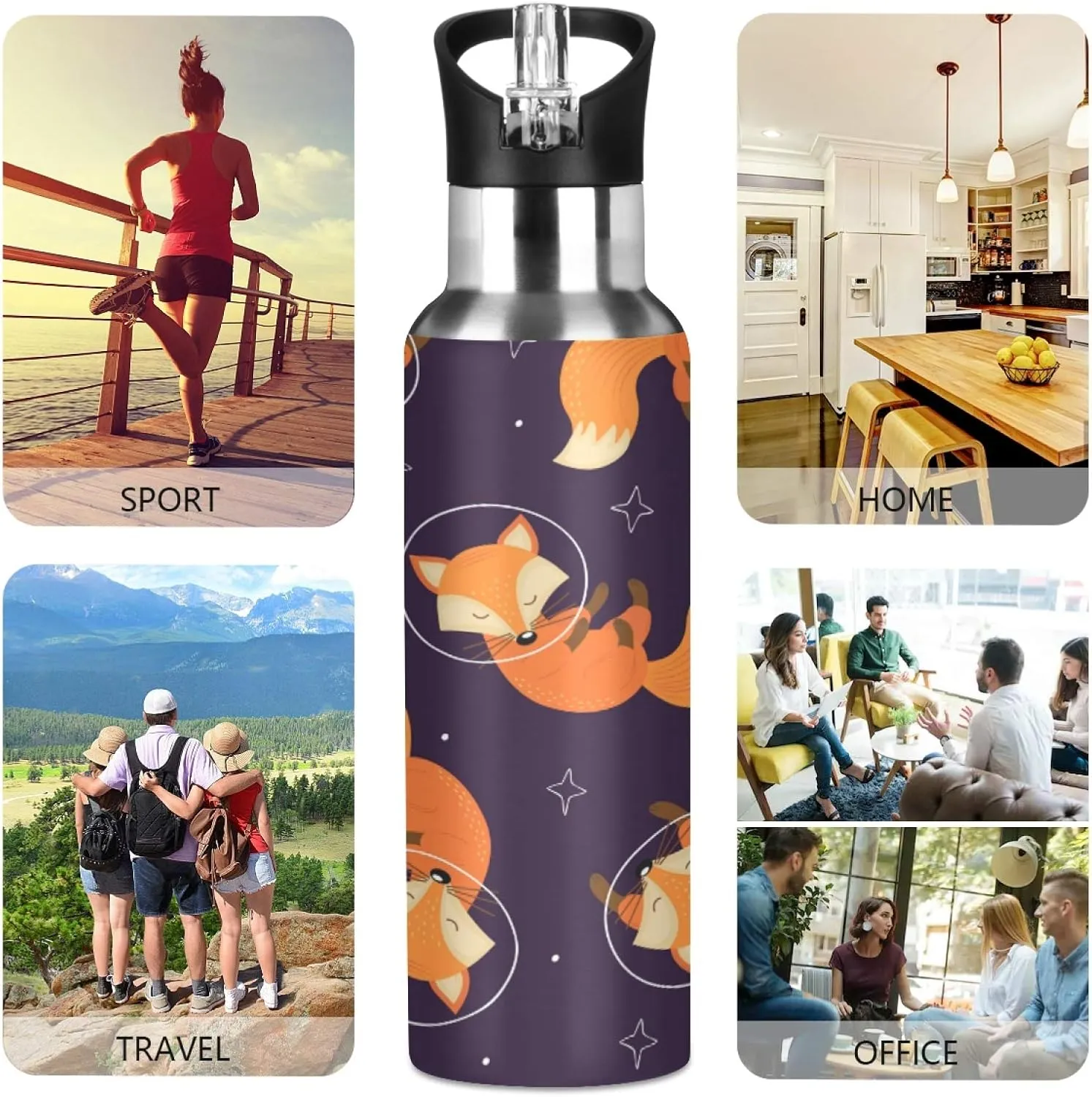 Cute Fox Animal Space Star Sport Water Bottle with Straw, Vacuum Insulated Stainless Steel Thermal Flask Leakproof BPA Free Drinking Bottle for Gym Fitness Camping-20oz/600ml