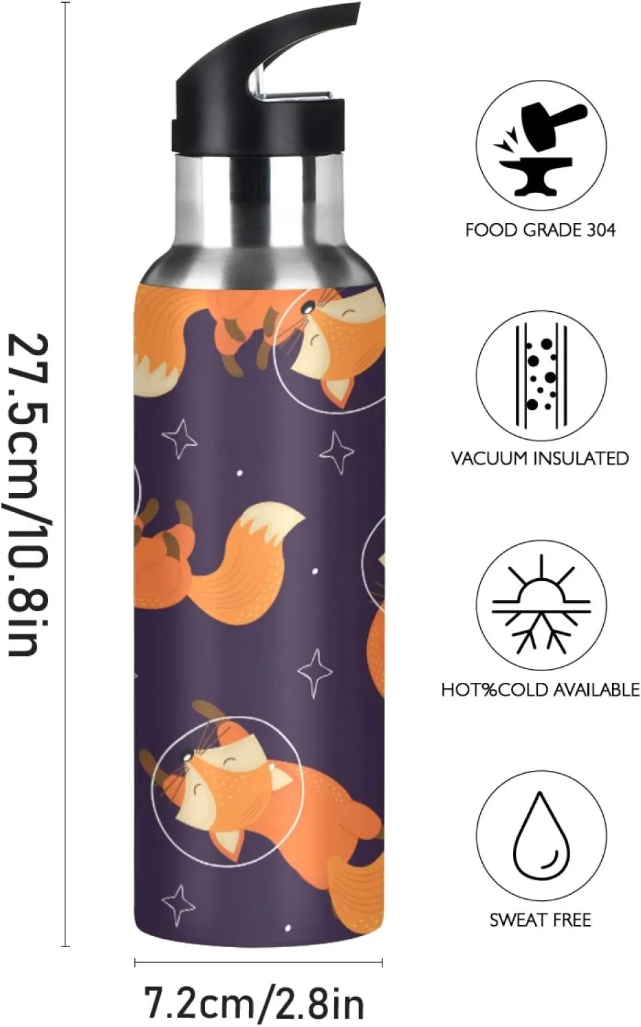Cute Fox Animal Space Star Sport Water Bottle with Straw, Vacuum Insulated Stainless Steel Thermal Flask Leakproof BPA Free Drinking Bottle for Gym Fitness Camping-20oz/600ml