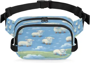 Cute Sheep Meadow Waterproof Fanny Pack for Women Men Adjustable Waist Bag with Double Zipper Pockets Lightweight Square Hip Pack for Running Travel Hiking Workout Cycling