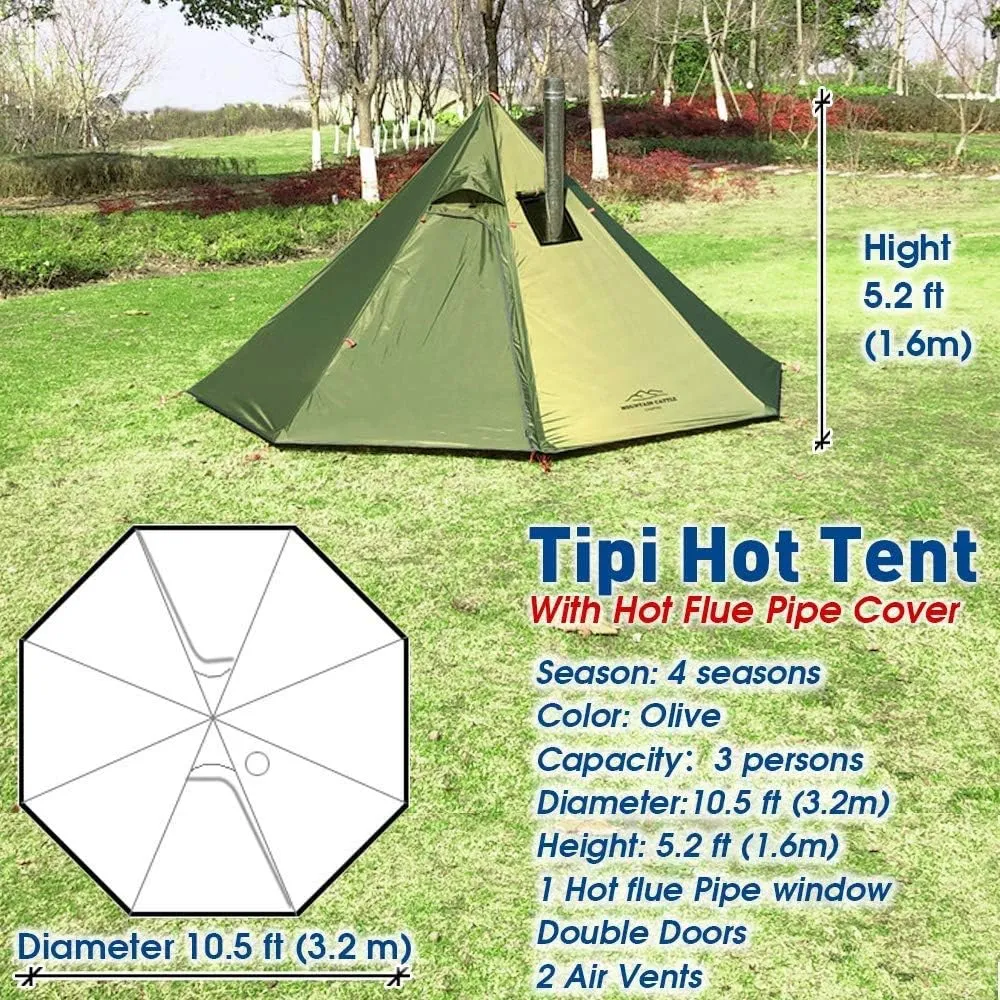 DANCHEL OUTDOOR Backpacking Hot Tent with Stove Jack for 2/4 Person Camping, 4 Season Lighweight Teepee Tent for Hunting Winter Solo Camping,10.5ft/13ft
