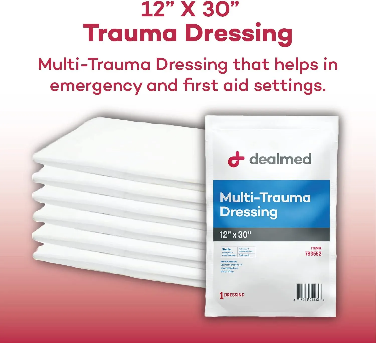 Dealmed 12" x 30" Multi-Trauma Dressing – Sterile Emergency Oversized Pad, Superior Absorbency, Protection and Padding, Wound Care Product for First Aid Kit (Case of 25)