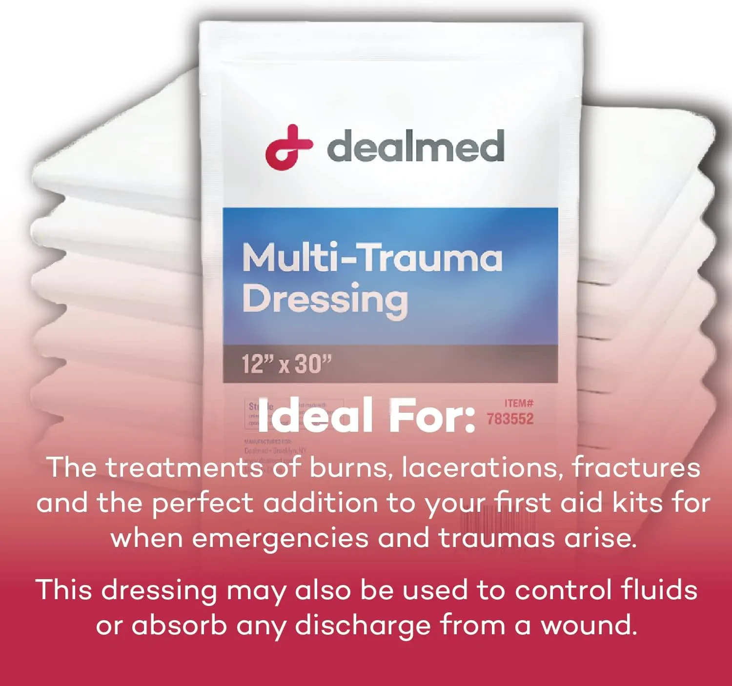 Dealmed 12" x 30" Multi-Trauma Dressing – Sterile Emergency Oversized Pad, Superior Absorbency, Protection and Padding, Wound Care Product for First Aid Kit (Case of 25)