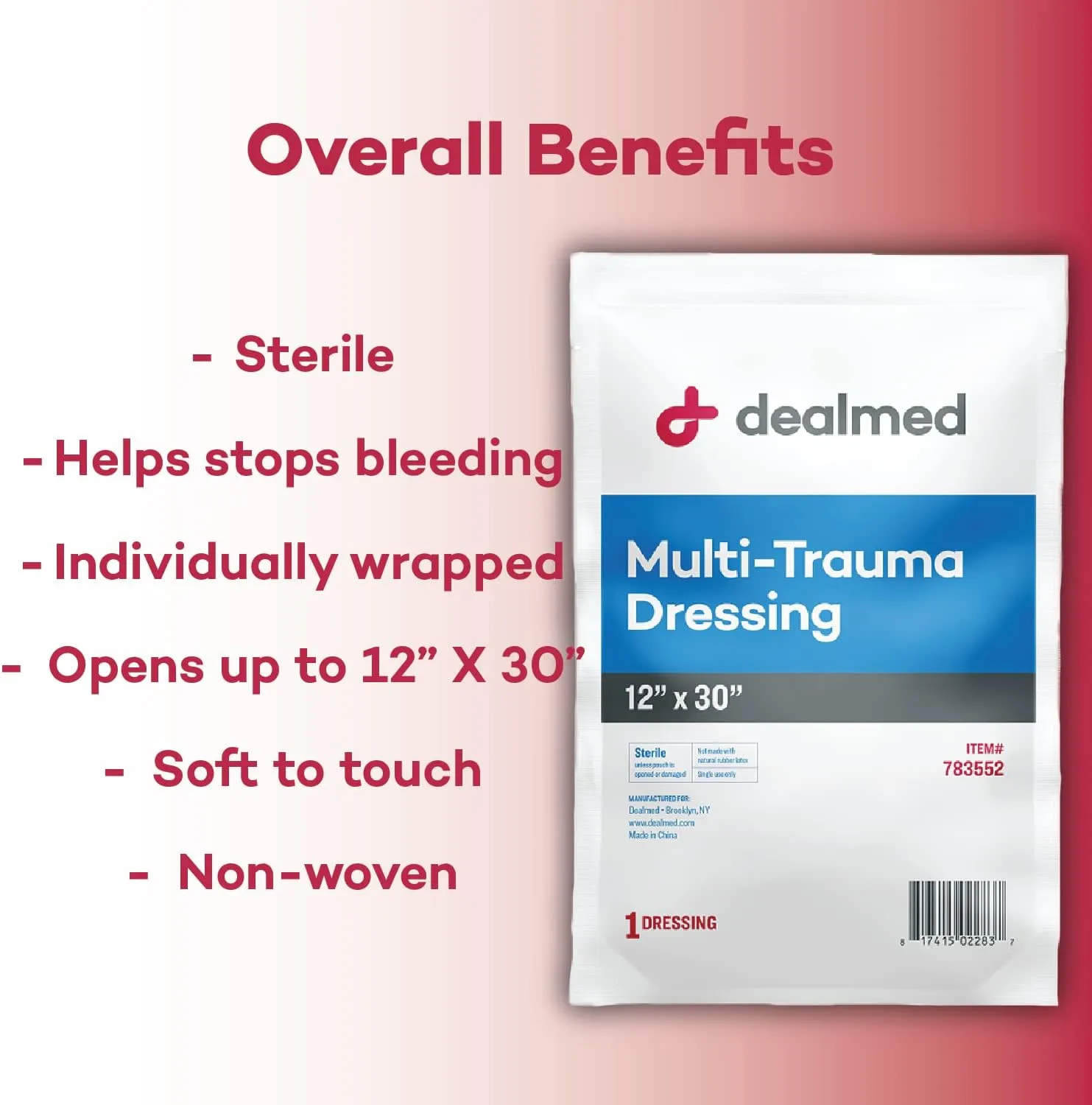 Dealmed 12" x 30" Multi-Trauma Dressing – Sterile Emergency Oversized Pad, Superior Absorbency, Protection and Padding, Wound Care Product for First Aid Kit (Case of 25)