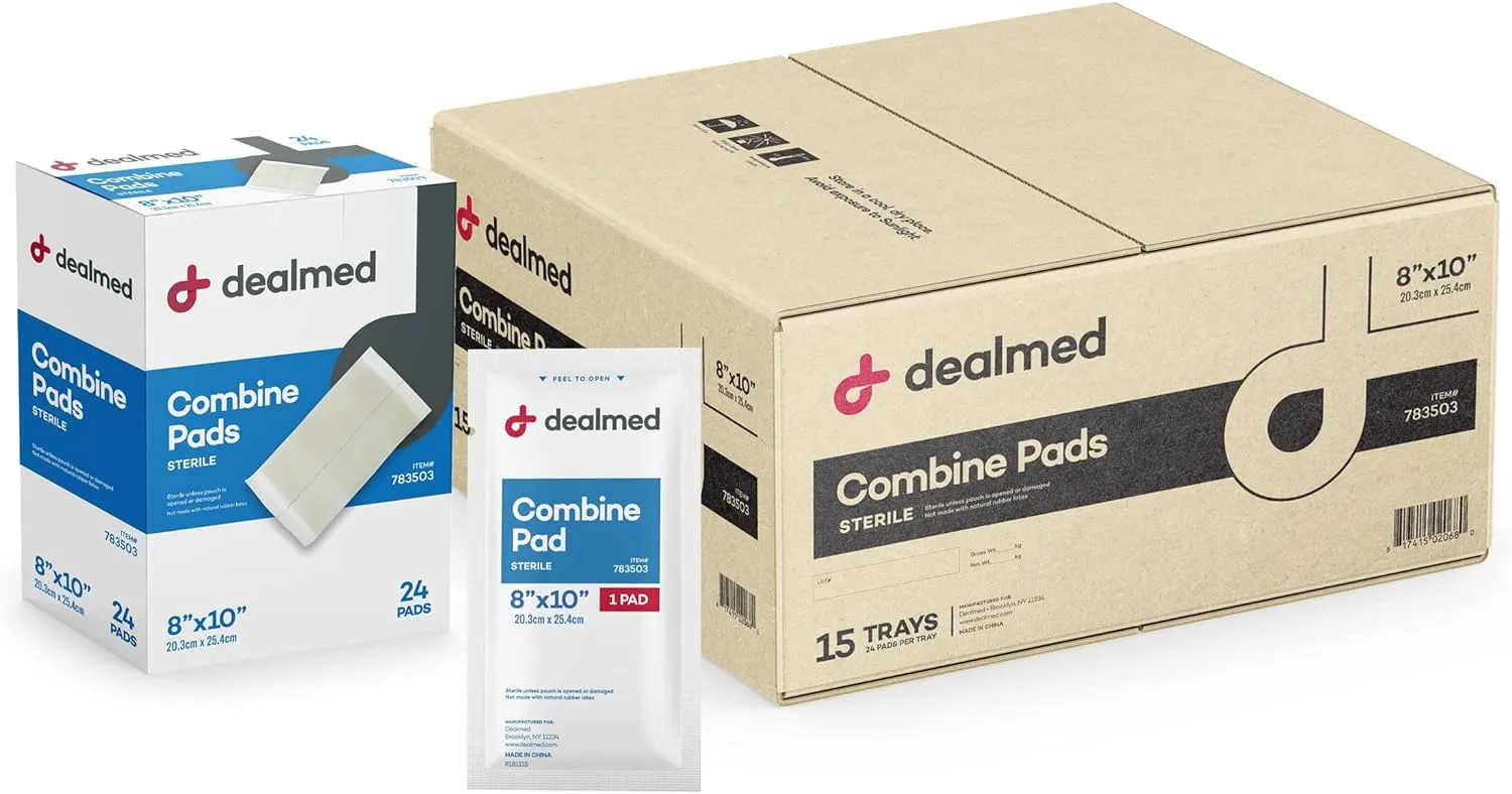 Dealmed Abdominal Combine Pads 8"x10" (360-Case) Sterile Individually Wrapped, ABD Pads, Absorbent, Non Adherent for Wound Care, Drainage, First Aid, 24/Box (Case of 15)