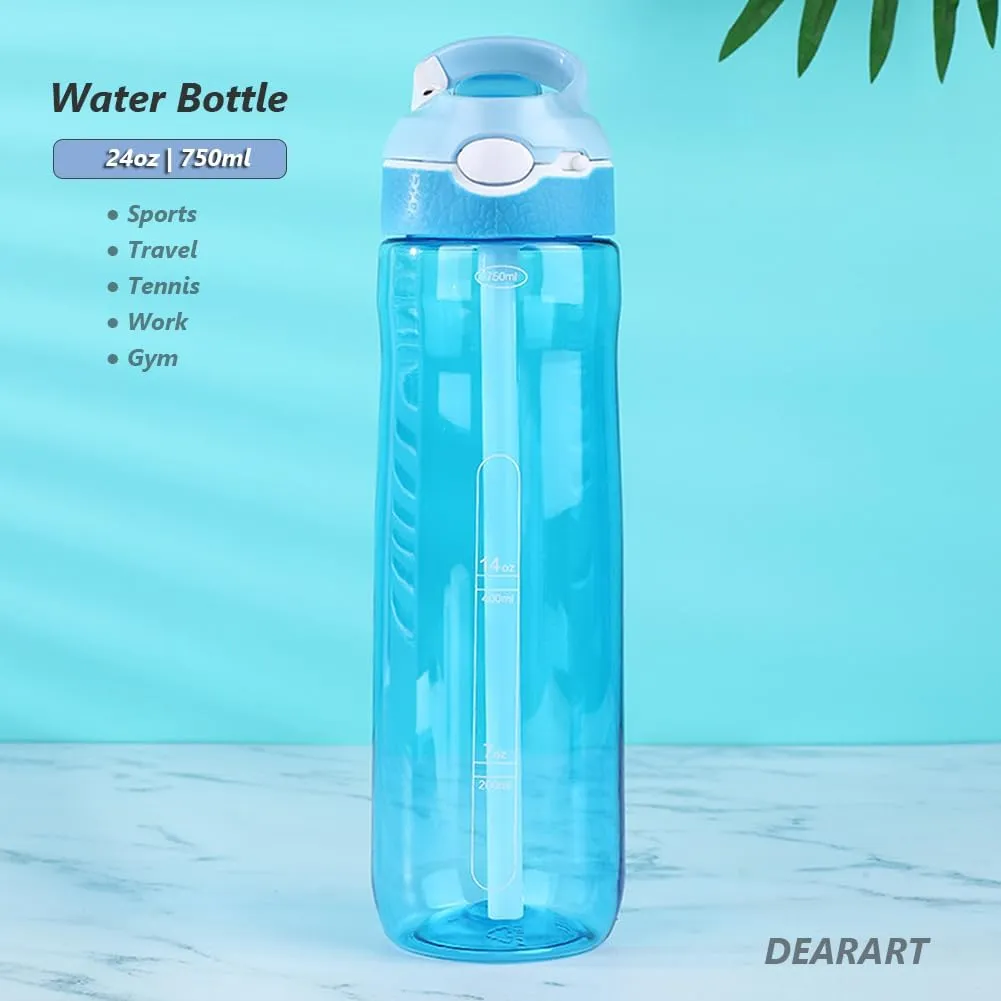 DEARART 24oz Water Bottles With Straw, 100% Leakproof BPA FREE Hidden Nozzle, Flip Up Clear Water Bottle With Handle Easy Carried, Suit Office Sports Travel Gym Yoga, Light Blue