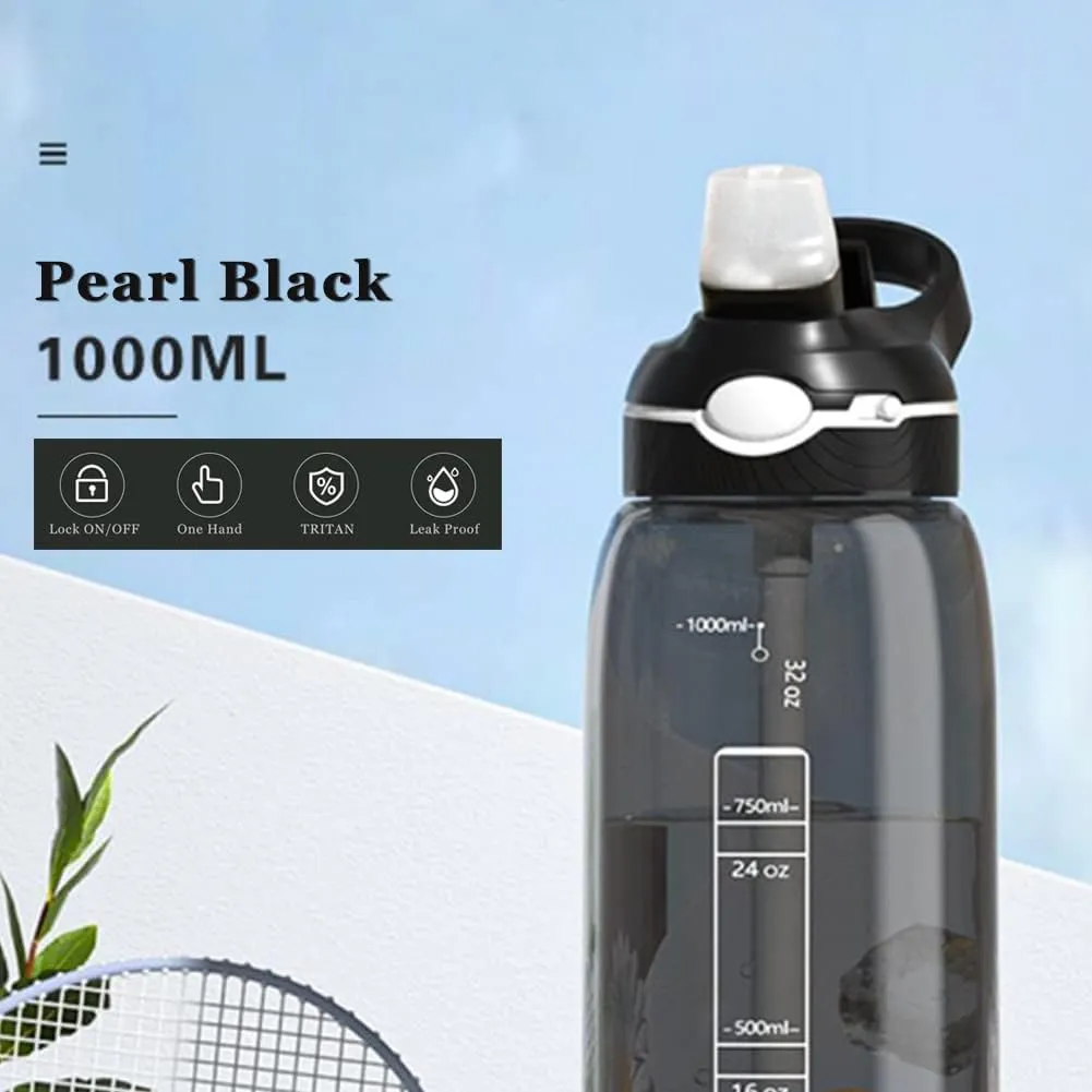 DEARART 32oz Black Water Bottle With Narrow Straw, BPA FREE 100% Leakproof Hidden Nozzle, Clear Water Bottles Has Handle Wide Mouth Easy Clear, Suit Sports Gym Walk Travel Office etc.