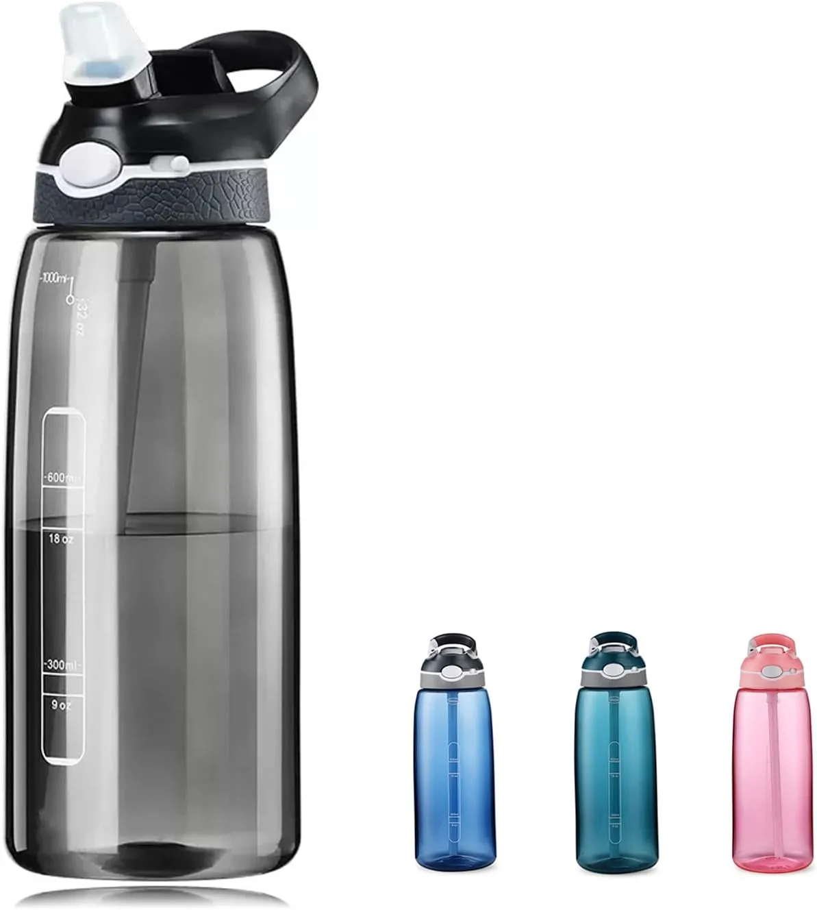 DEARART 32oz Black Water Bottle With Narrow Straw, BPA FREE 100% Leakproof Hidden Nozzle, Clear Water Bottles Has Handle Wide Mouth Easy Clear, Suit Sports Gym Walk Travel Office etc.
