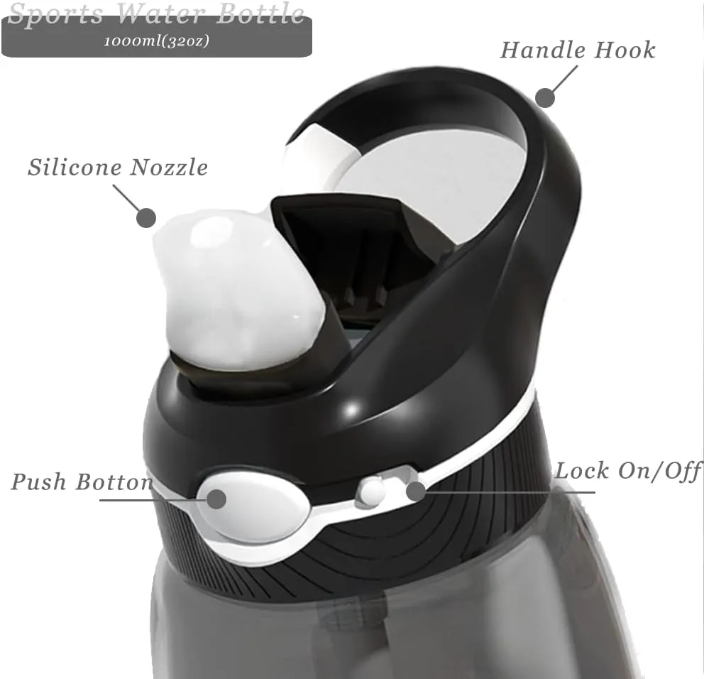 DEARART 32oz Black Water Bottle With Narrow Straw, BPA FREE 100% Leakproof Hidden Nozzle, Clear Water Bottles Has Handle Wide Mouth Easy Clear, Suit Sports Gym Walk Travel Office etc.