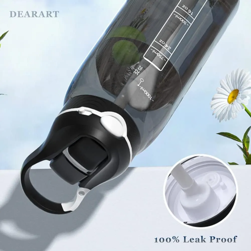 DEARART 32oz Black Water Bottle With Narrow Straw, BPA FREE 100% Leakproof Hidden Nozzle, Clear Water Bottles Has Handle Wide Mouth Easy Clear, Suit Sports Gym Walk Travel Office etc.