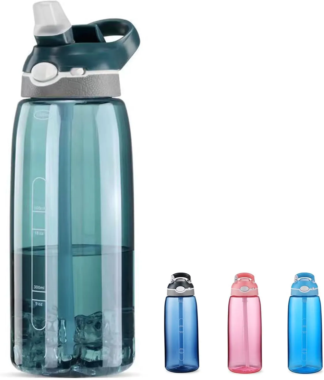 DEARART 32oz Dark Cyan Water Bottles With Narrow Straw, BPA FREE and Hidden Cup Mouth, Summer Clear Bottle With Handle, Suit Office Sports Work Gym Yoga Traveling etc.