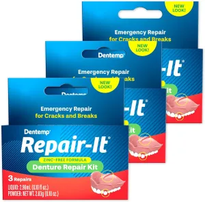 Dentemp Repair Kit - Repair-It Advanced Formula Denture Repair Kit (Pack of 3) - Denture Repair Kit Repairs Broken Dentures - Denture Repair to Mend Cracks & Replace Loose Teeth