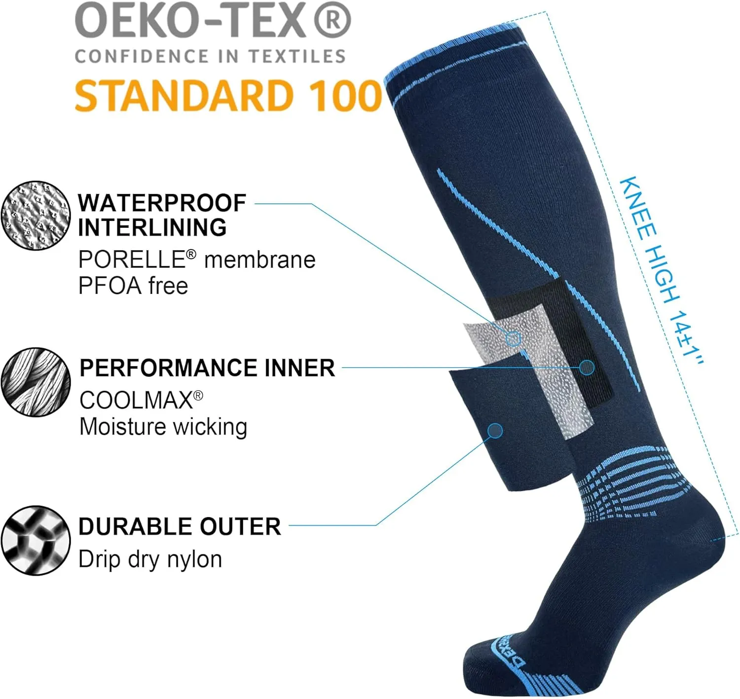 DexShell Waterproof Wading Socks Knee High For Men & Women Hiking Trail Running Outdoor Recreational Activities
