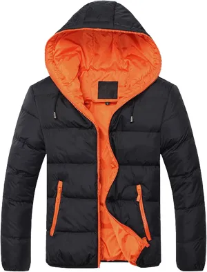 DGKaxiyaHM Men's Windproof Insulated Puffer Jacket Warm Thicken Puffy Ski Coat Water Repellent Cotton Coat With Hood (Large,Black Orange)
