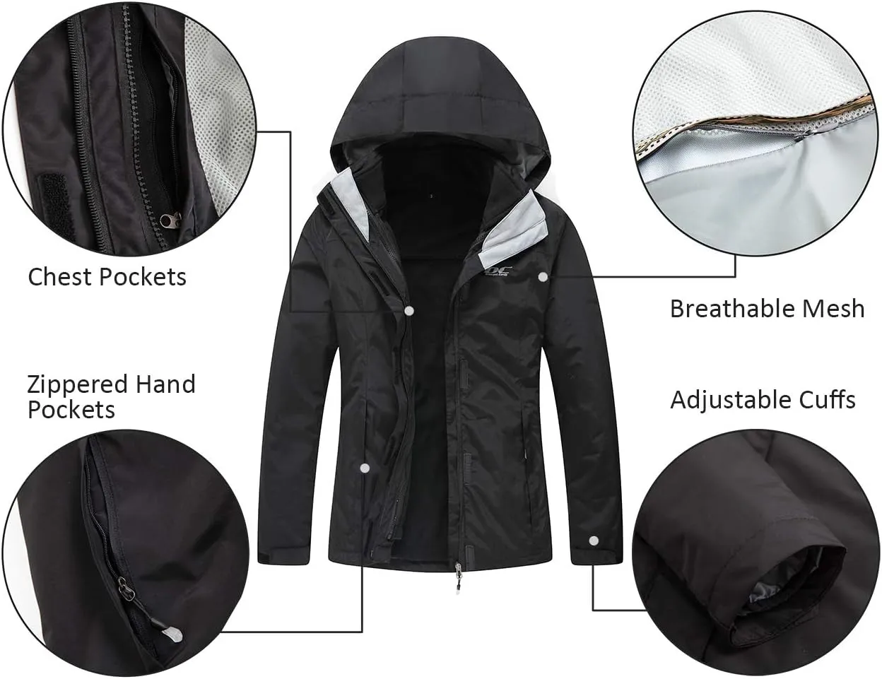 Diamond Candy Womens 3-in-1 Winter Jacket Waterproof Rain Coat with Hood Warm Fleece Ski Jackets