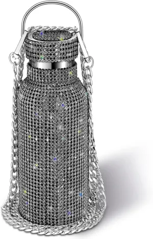 Diamond Water Bottle Bling Rhinestone Stainless Steel Thermal Bottle Refillable Insulated Glitter Water Jug with Chain for Women Girls Gifts(500 ml,Black)