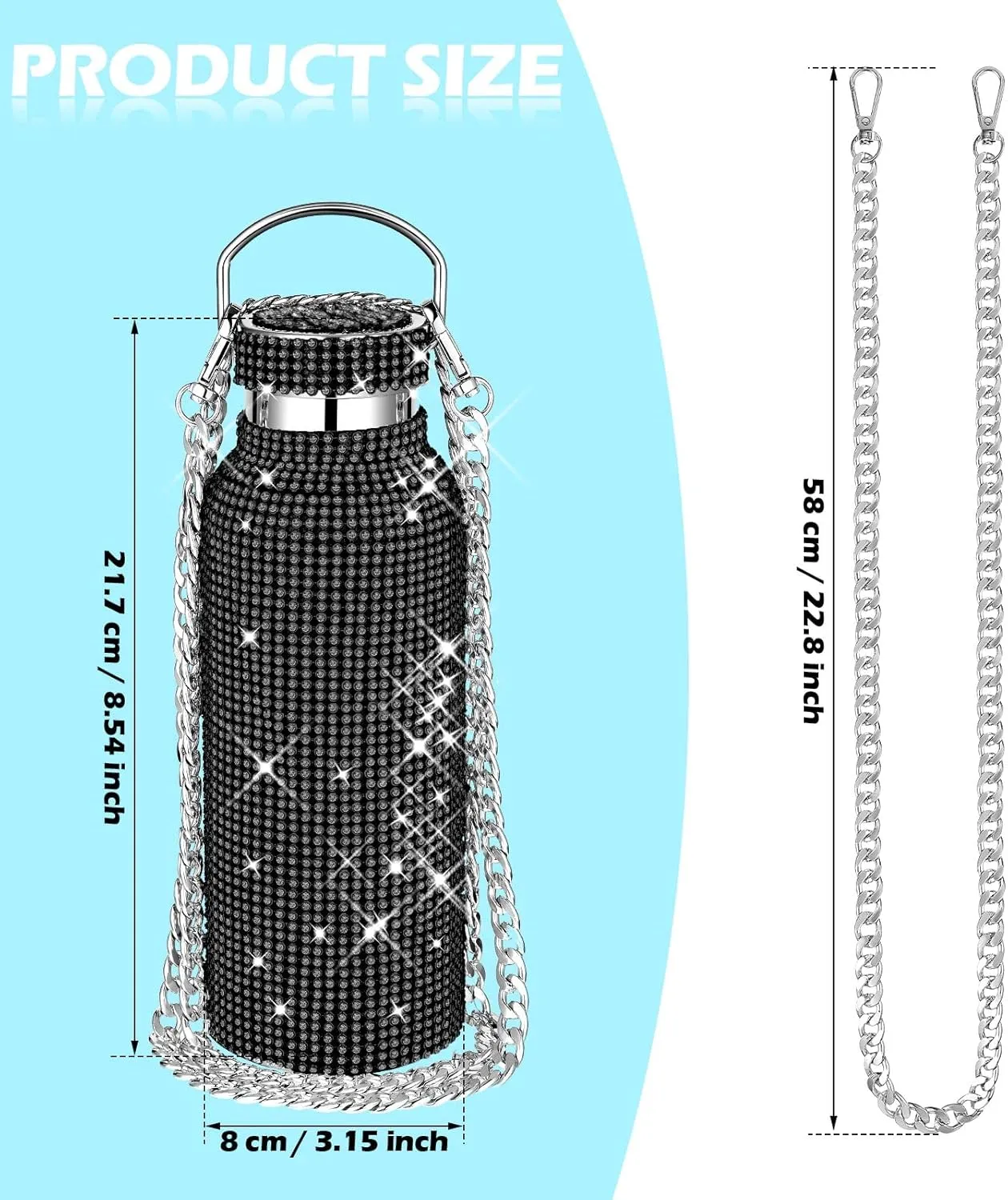Diamond Water Bottle Bling Rhinestone Stainless Steel Thermal Bottle Refillable Insulated Glitter Water Jug with Chain for Women Girls Gifts(500 ml,Black)