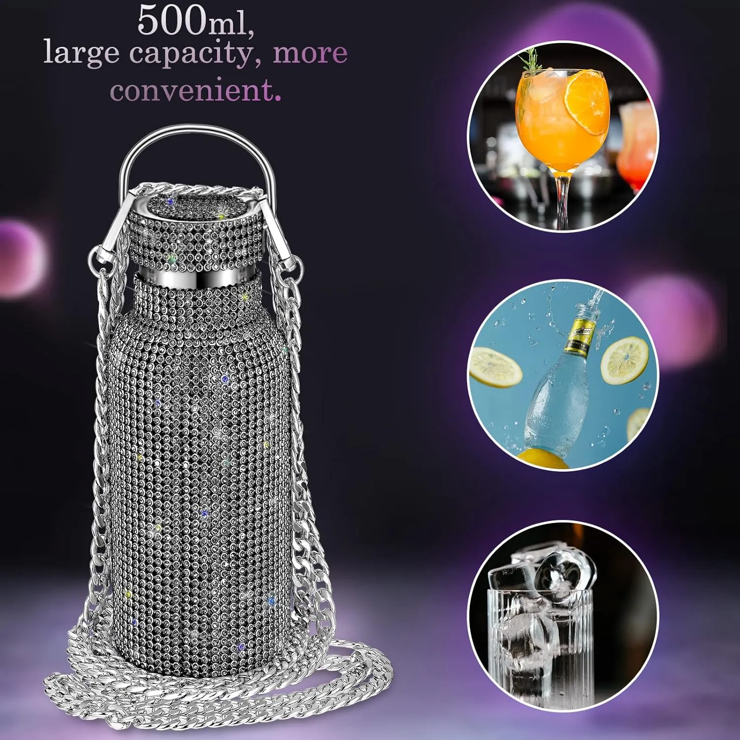 Diamond Water Bottle Bling Rhinestone Stainless Steel Thermal Bottle Refillable Insulated Glitter Water Jug with Chain for Women Girls Gifts(500 ml,Black)