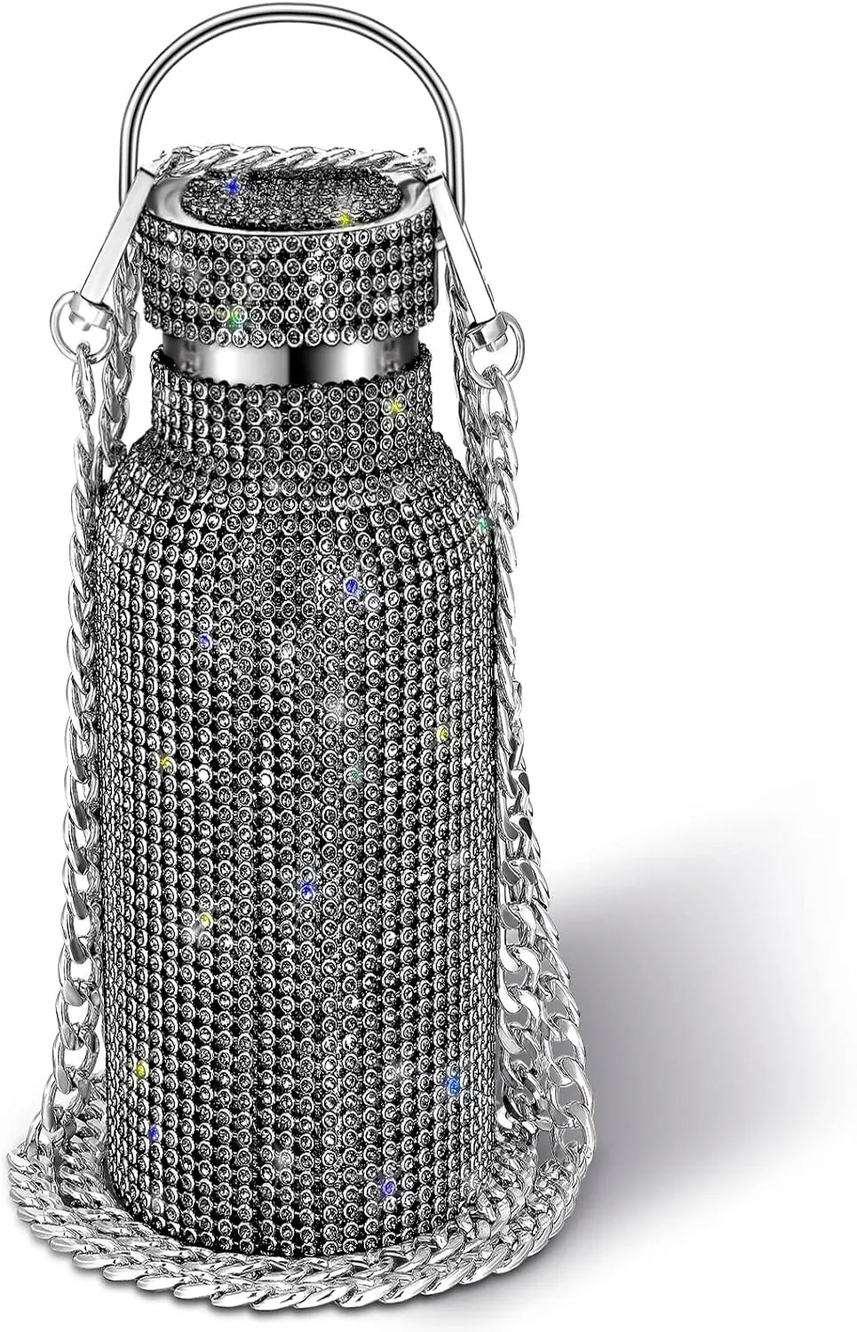 Diamond Water Bottle Bling Rhinestone Stainless Steel Thermal Bottle Refillable Insulated Glitter Water Jug with Chain for Women Girls Gifts(500 ml,Black)