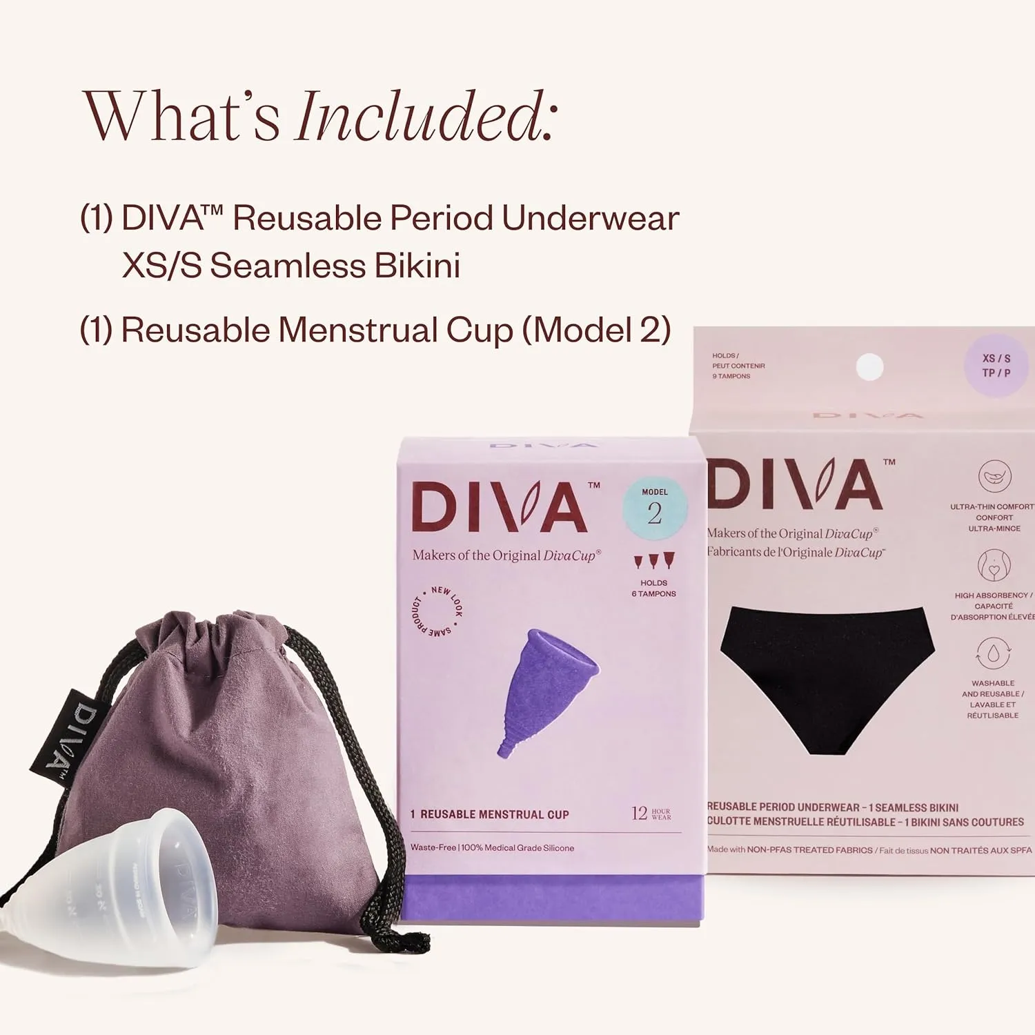 DIVA Reusable Period Underwear & DIVA Cup Model 2 - Menstrual Underwear - Medical Grade Period Cup - Bikini, Black