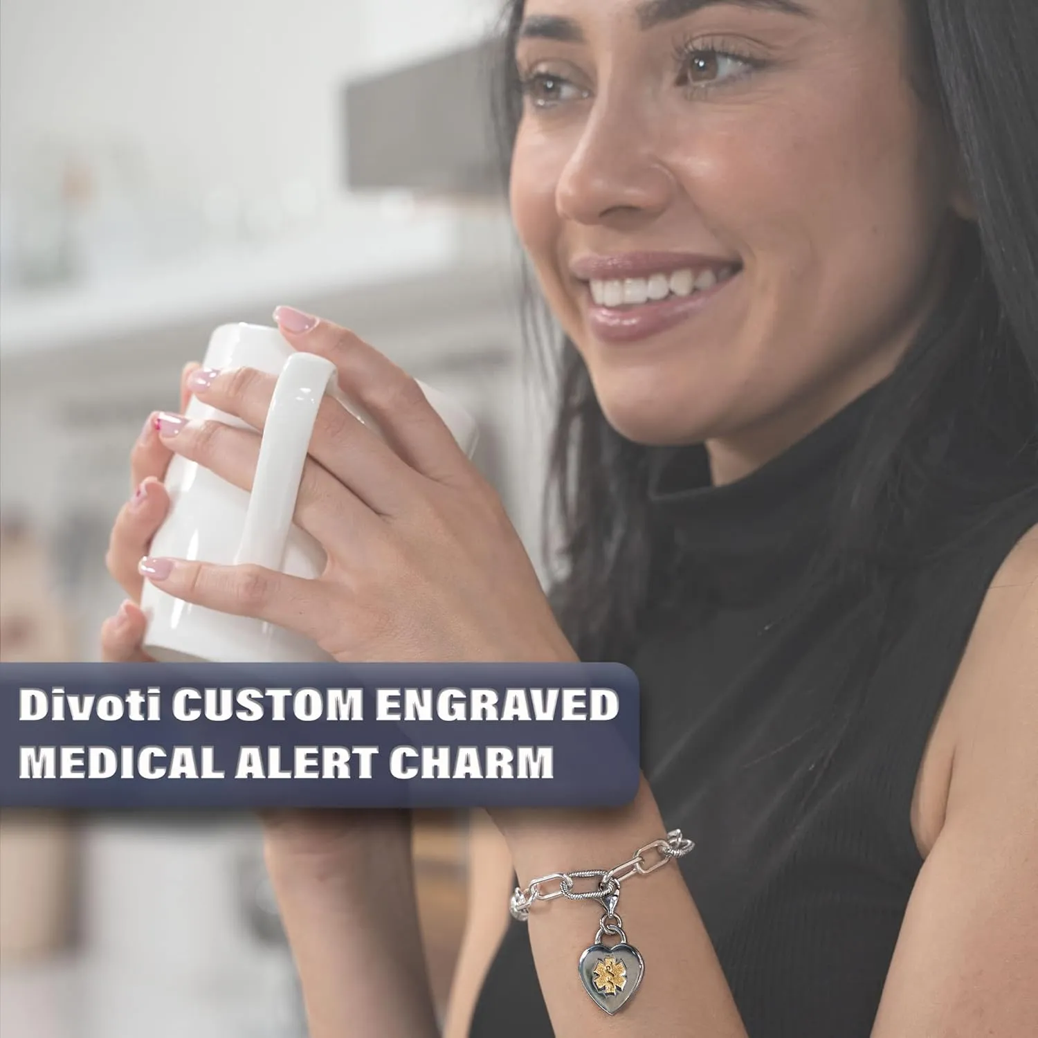 Divoti Deep Custom Laser Engraved Adorable Heart 316L Medical Alert Charm / Medical ID Charm w/ Lobster Clasp with Free Engraving