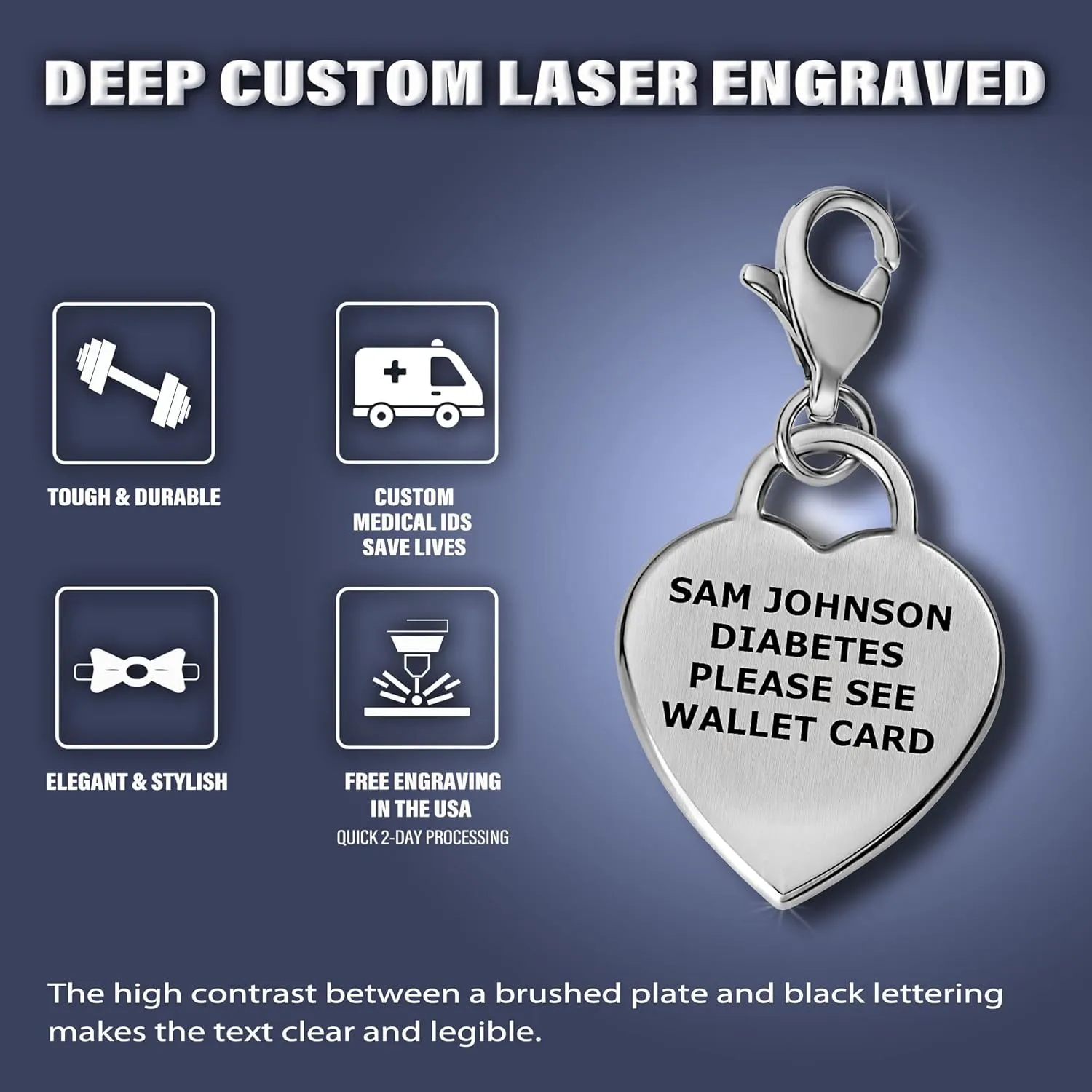 Divoti Deep Custom Laser Engraved Adorable Heart 316L Medical Alert Charm / Medical ID Charm w/ Lobster Clasp with Free Engraving