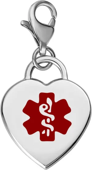 Divoti Deep Custom Laser Engraved Adorable Heart 316L Medical Alert Charm / Medical ID Charm w/ Lobster Clasp with Free Engraving