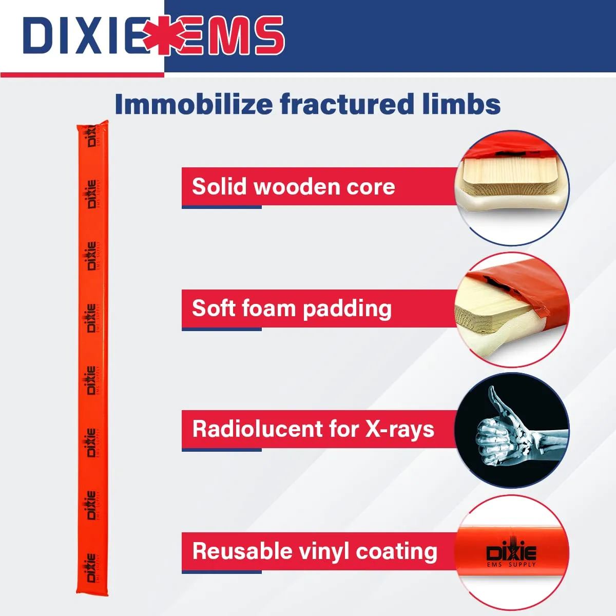 Dixie EMS Padded Wood Splint with Vinyl Casing for Fractured Limbs, Full Arms, Legs, Waterproof Medical Splints for First Aid, Sports and Emergency Support, Orange - 54 Inch