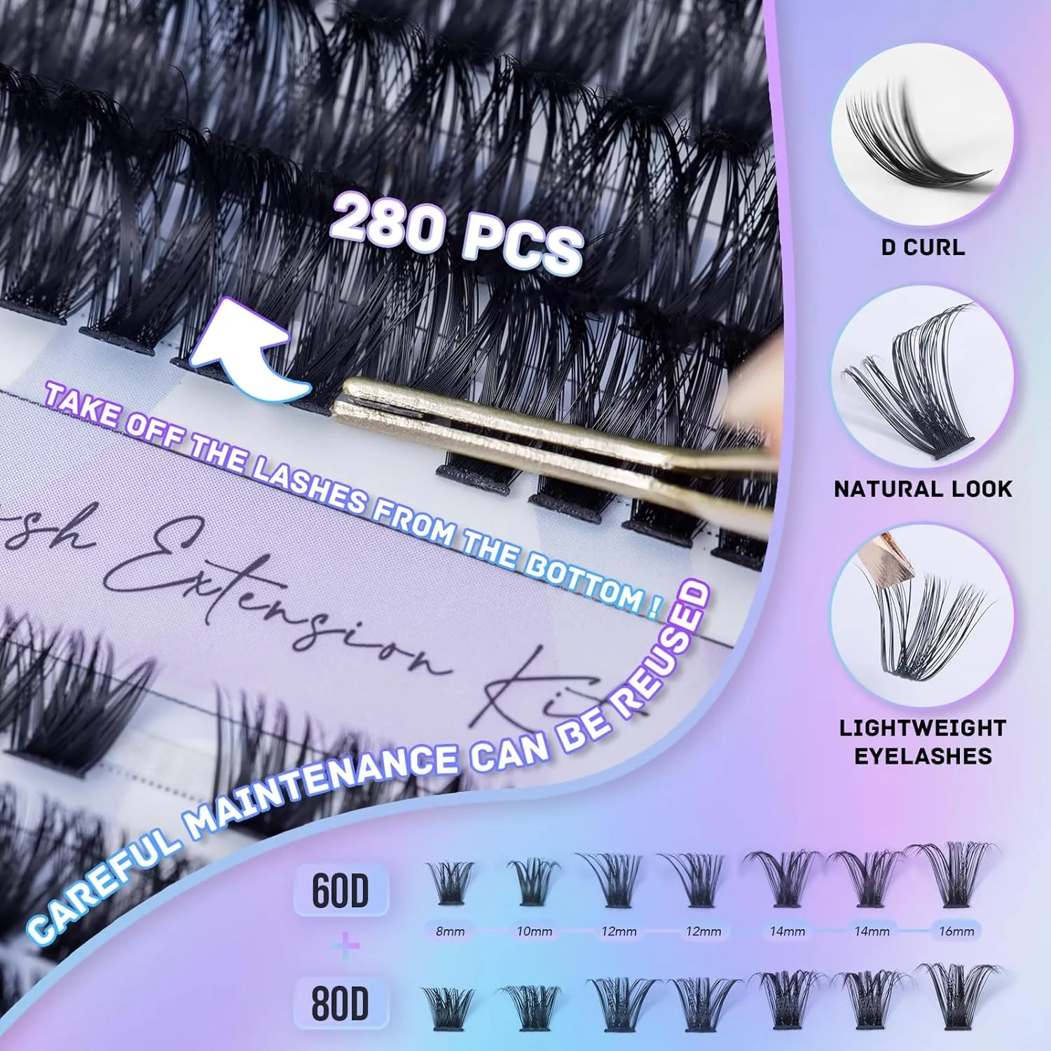 DIY Lash Extension Kit Natural Eyelash Extension Kit Wispy Lash Clusters Kit Waterproof Single Lashes Extension Kit Natural Look Eyelash Cluster Lash Kit D Curl 8-16MM at Home 60 80D Natural