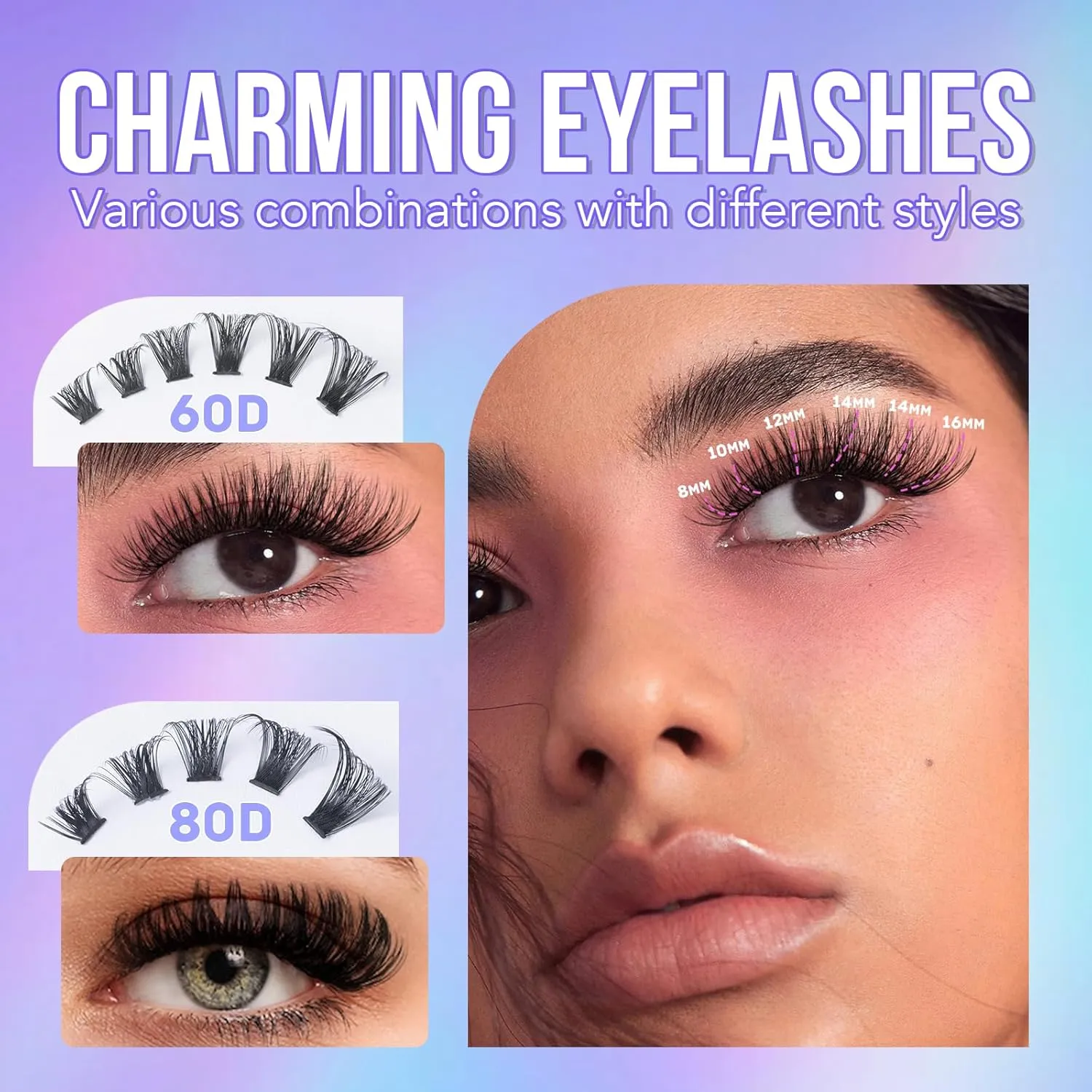 DIY Lash Extension Kit Natural Eyelash Extension Kit Wispy Lash Clusters Kit Waterproof Single Lashes Extension Kit Natural Look Eyelash Cluster Lash Kit D Curl 8-16MM at Home 60 80D Natural