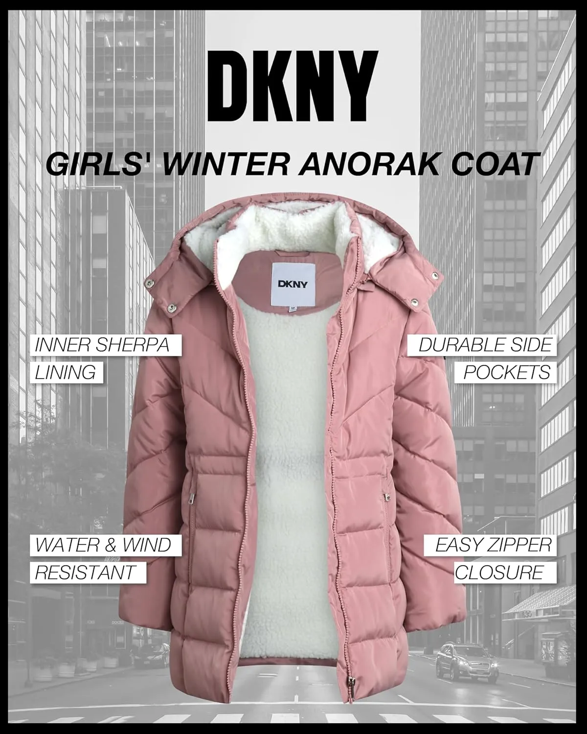 DKNY Girls’ Winter Coat – Heavyweight Anorak Puffer Coat with Cinched Waist – Sherpa Lined Insulated Jacket for Girls (4-16)