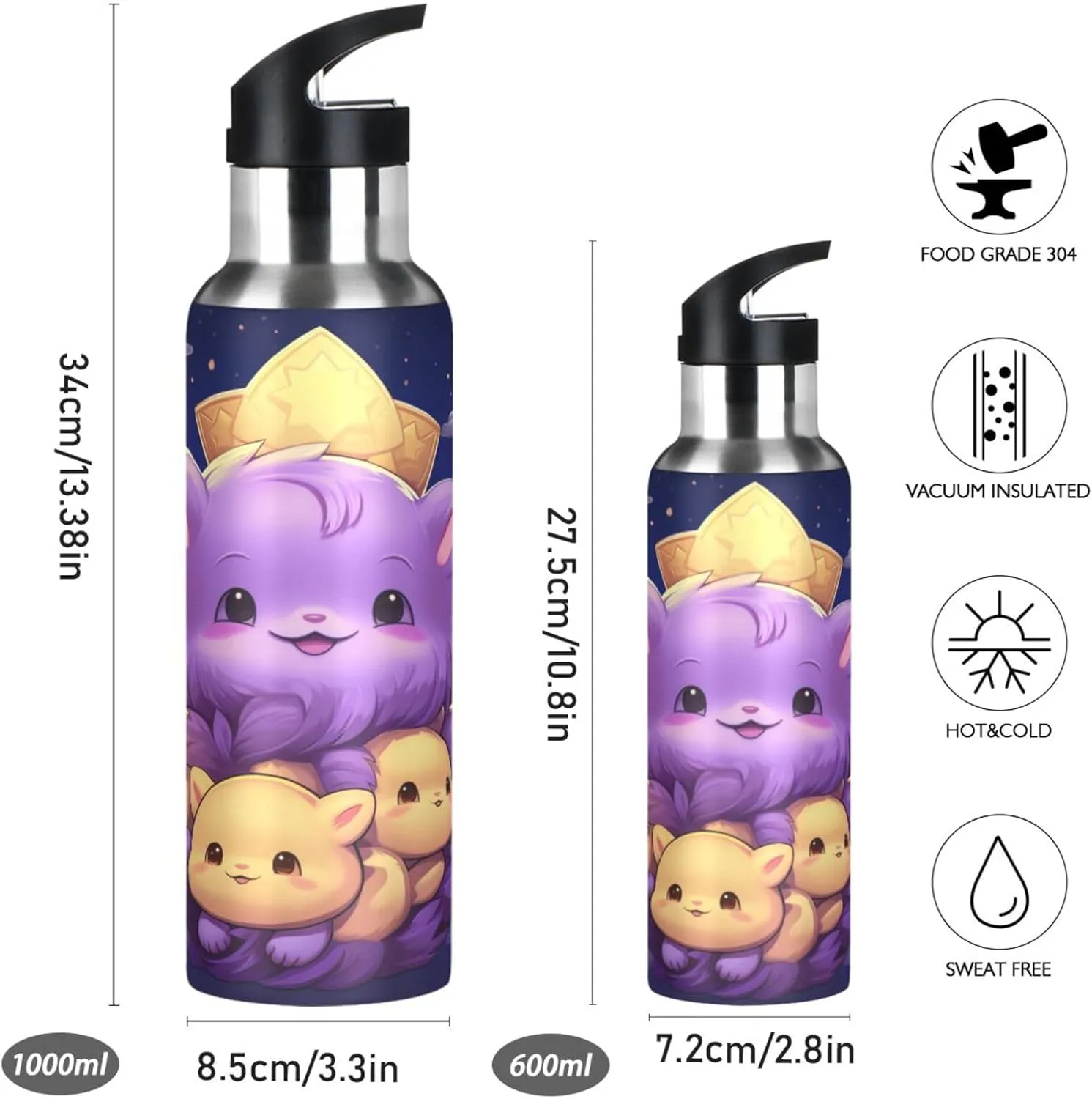 Doodle Art Cute Hedgehog Sport Water Bottle Insulated Stainless Steel Large Vacuum Flask Leak Proof Thermos with Straw for Travel(600ml/1000ml)