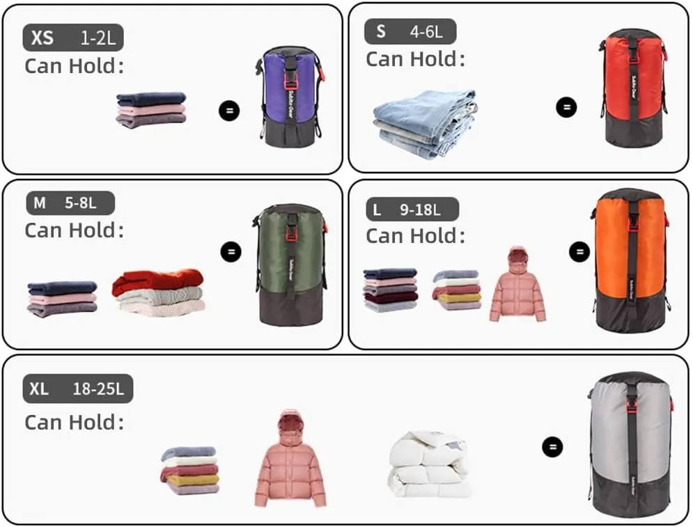 doorslay 5pcs Lightweight Compression Stuff Sack Waterproof Polyester Compression Bag for Camping Hiking Backpacking