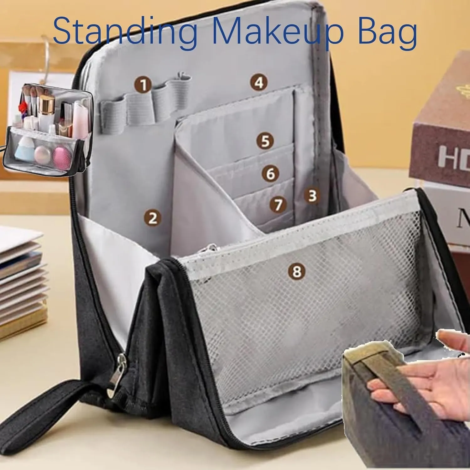 Doresty Makeup Bag, Reusable Portable Doresty Standing Makeup Bag Large Capacity, Folding Vertical Makeing Organizer Bags with Compartments for Travel Work Home (Gray)